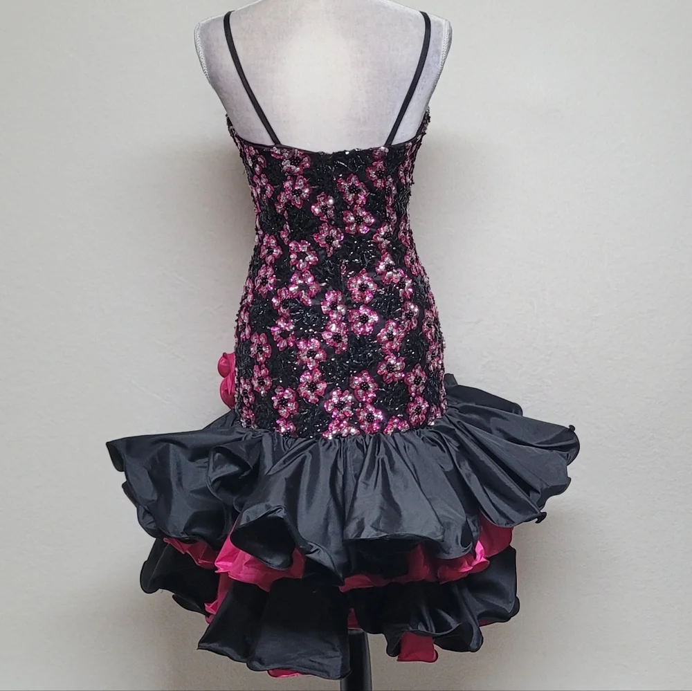 80s Vintage Alyce Designs Black Pink Sequin Floral Ruffle Bustier Mini Dress 6 - Picture 10 of 13